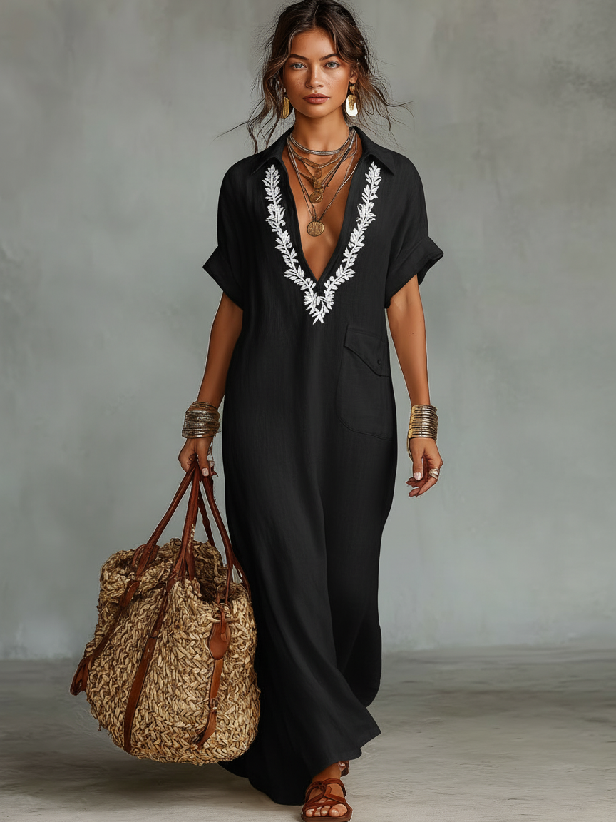Minimalist Linen Embroidered Shirt Maxi Dress