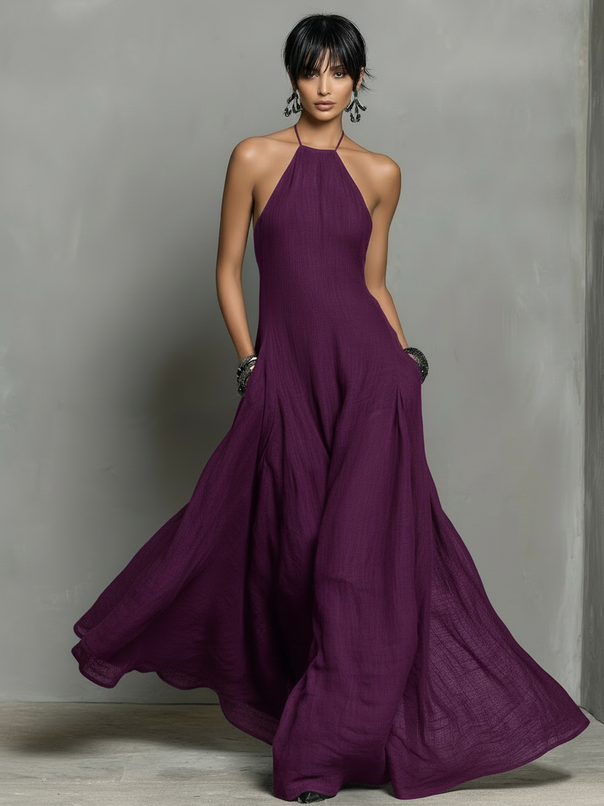 Minimalist Linen-Blend Halter Neck Maxi Dress