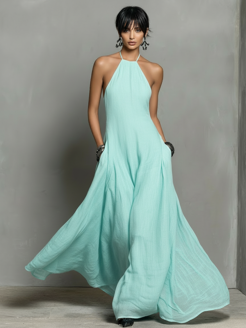 Minimalist Linen-Blend Halter Neck Maxi Dress