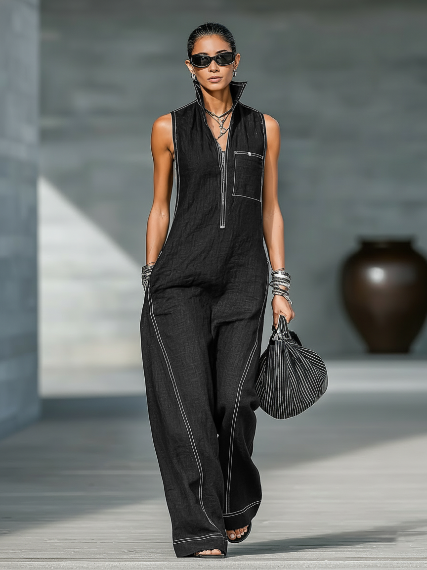 Minimalist Sleeveless White-Trim Jumpsuit