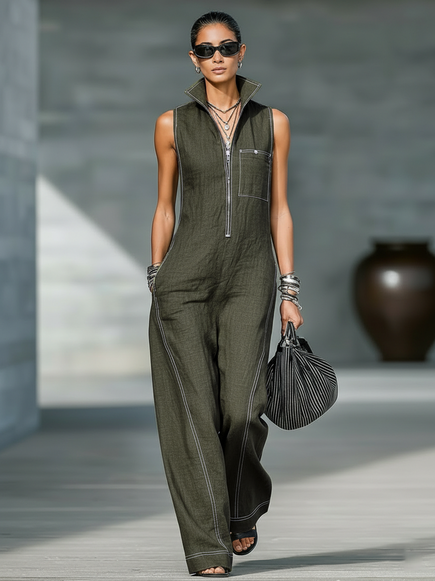 Minimalist Sleeveless White-Trim Jumpsuit