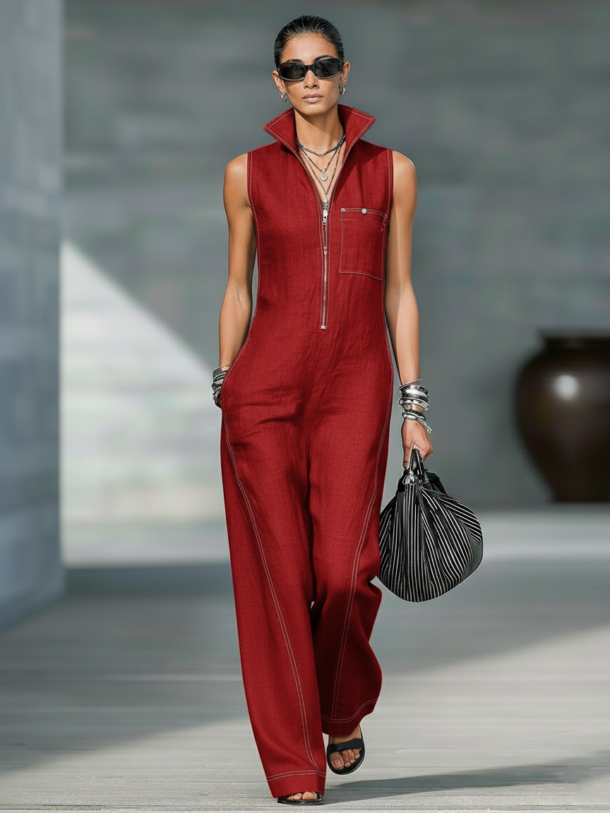 Minimalist Sleeveless White-Trim Jumpsuit