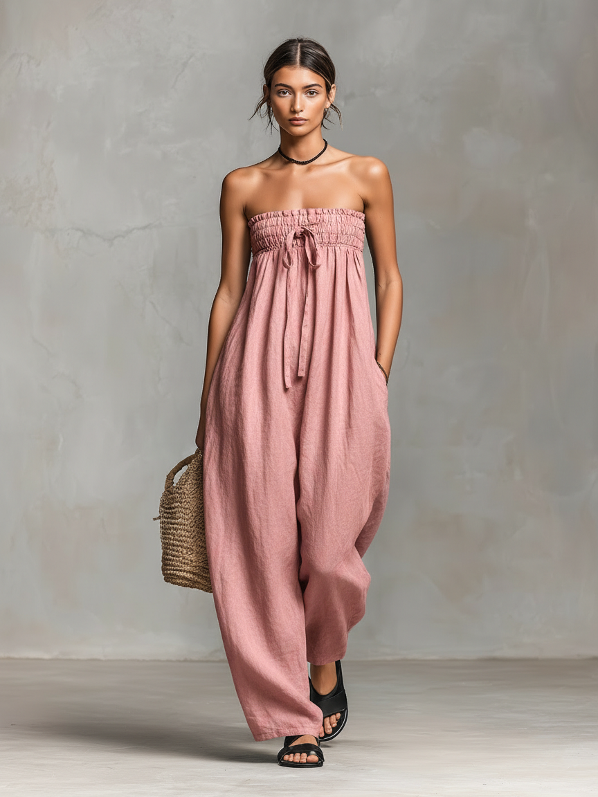 Loose-Fit Linen-Blend Strapless Tie Jumpsuit