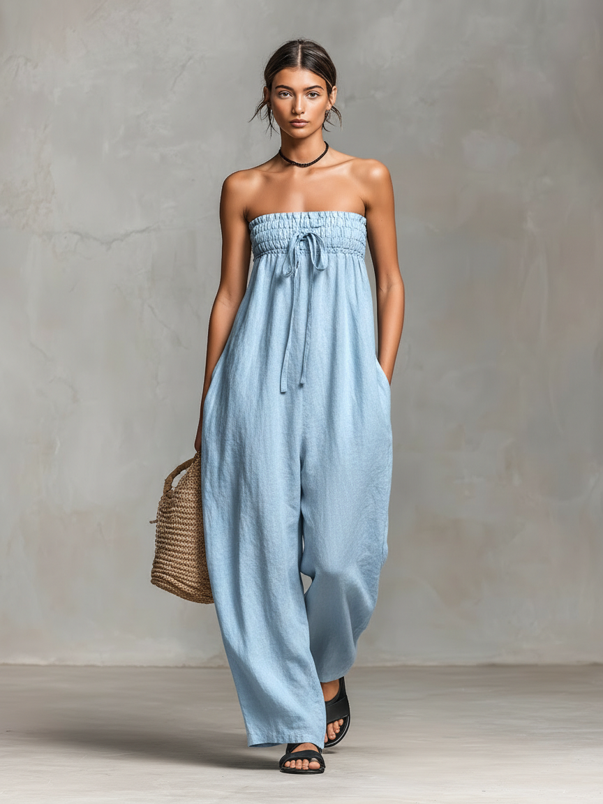 Loose-Fit Linen-Blend Strapless Tie Jumpsuit