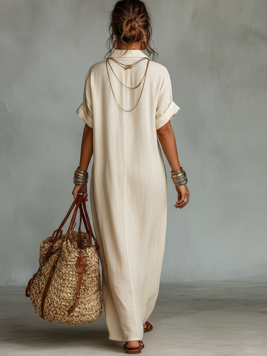 Minimalist Linen Embroidered Shirt Maxi Dress