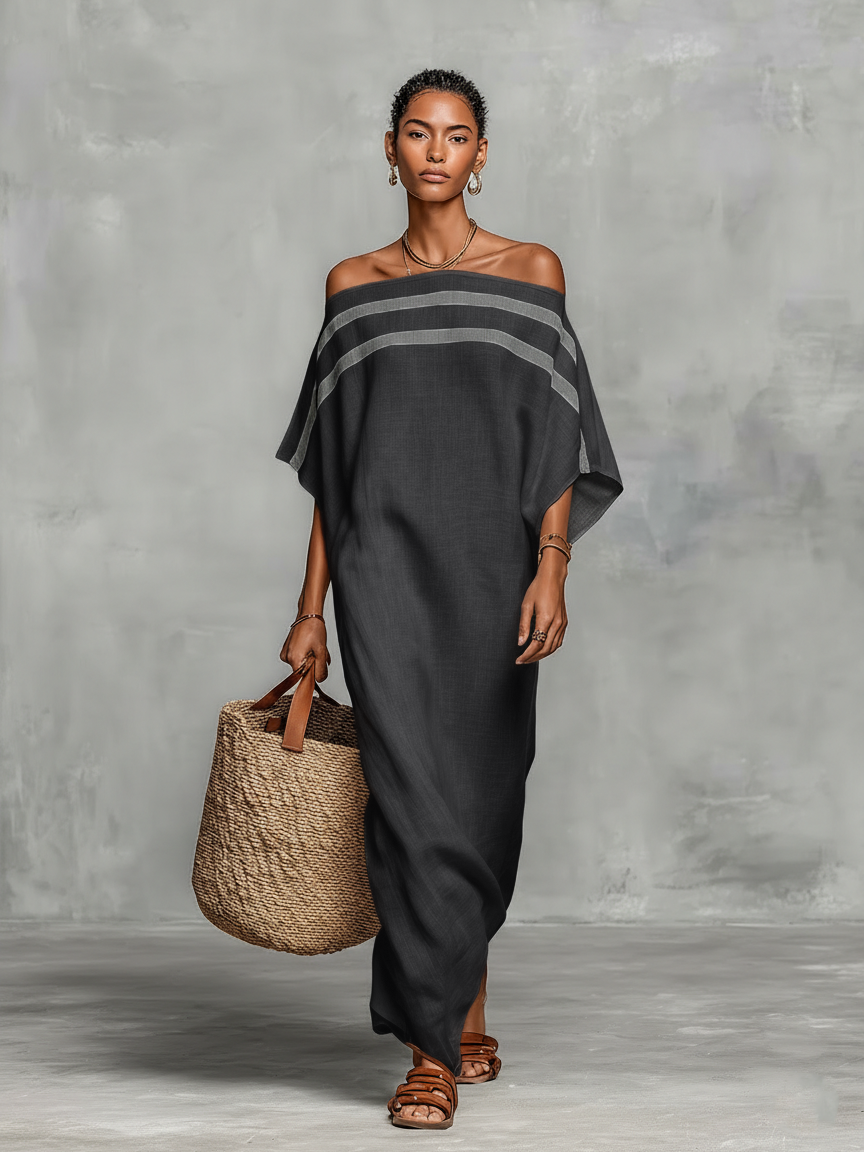 Minimalist Linen Off-Shoulder Batwing Maxi Dress