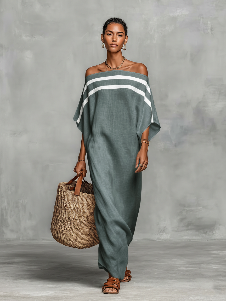 Minimalist Linen Off-Shoulder Batwing Maxi Dress