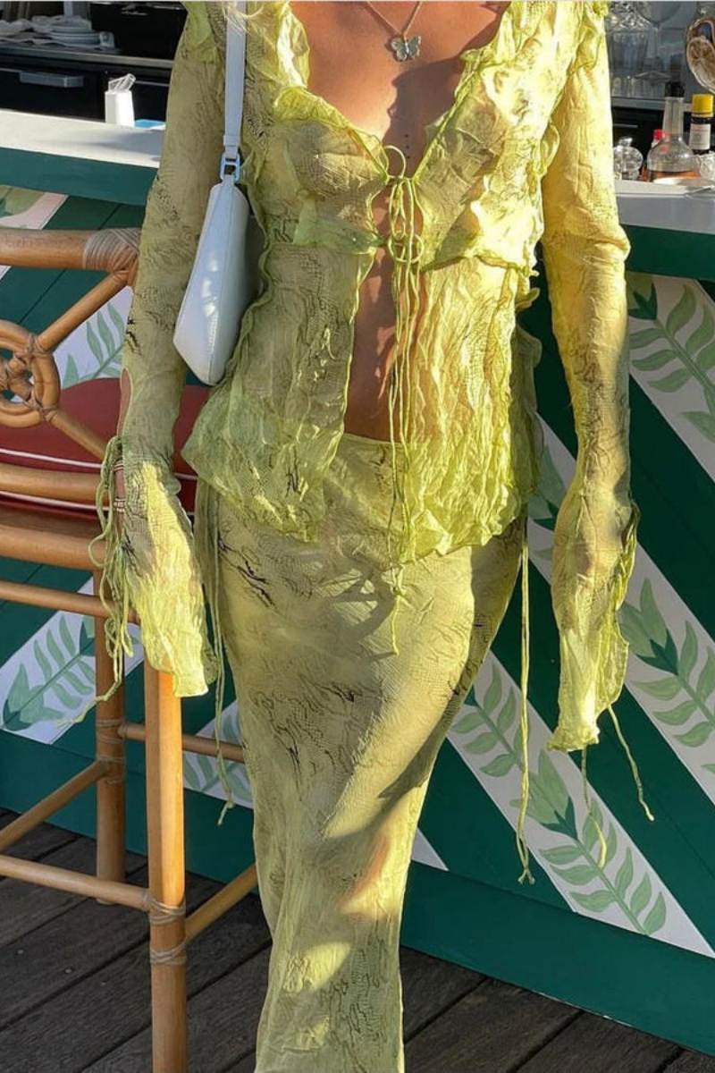 Blouse Wood Ear Print Long Skirt Suit Two Pieces