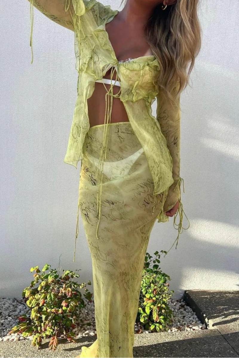Blouse Wood Ear Print Long Skirt Suit Two Pieces