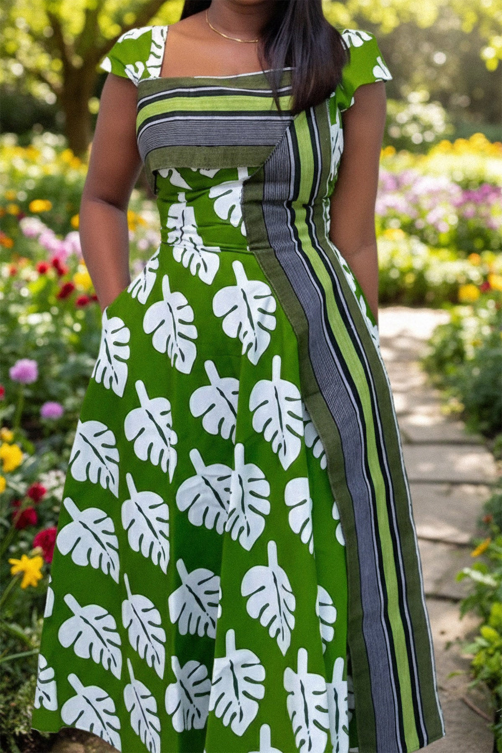 Green Monstera Leaf Midi Dress