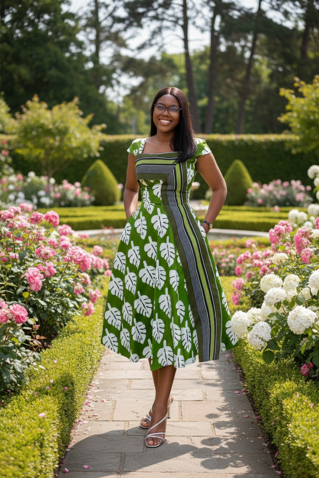 Green Monstera Leaf Midi Dress