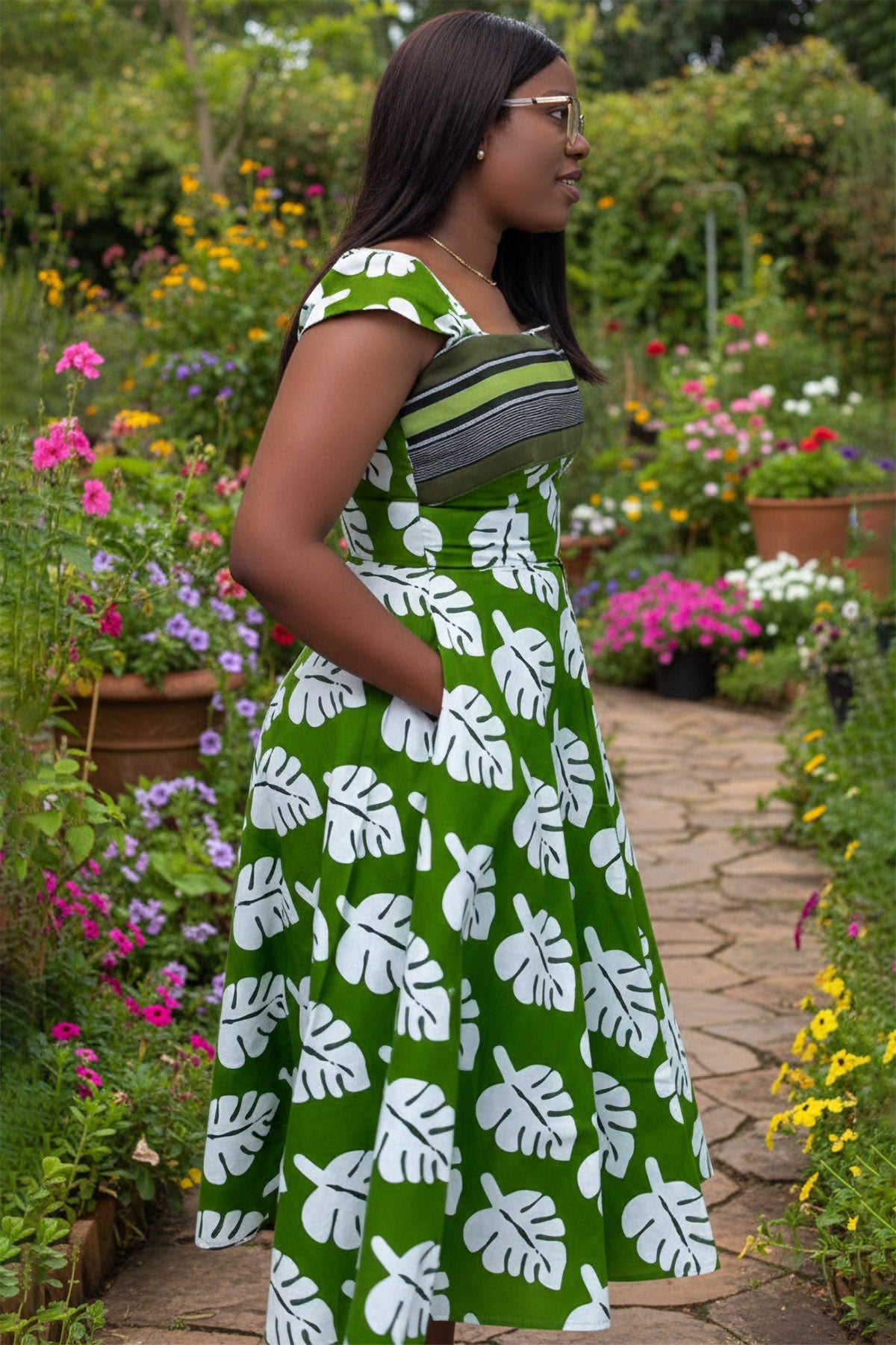 Green Monstera Leaf Midi Dress