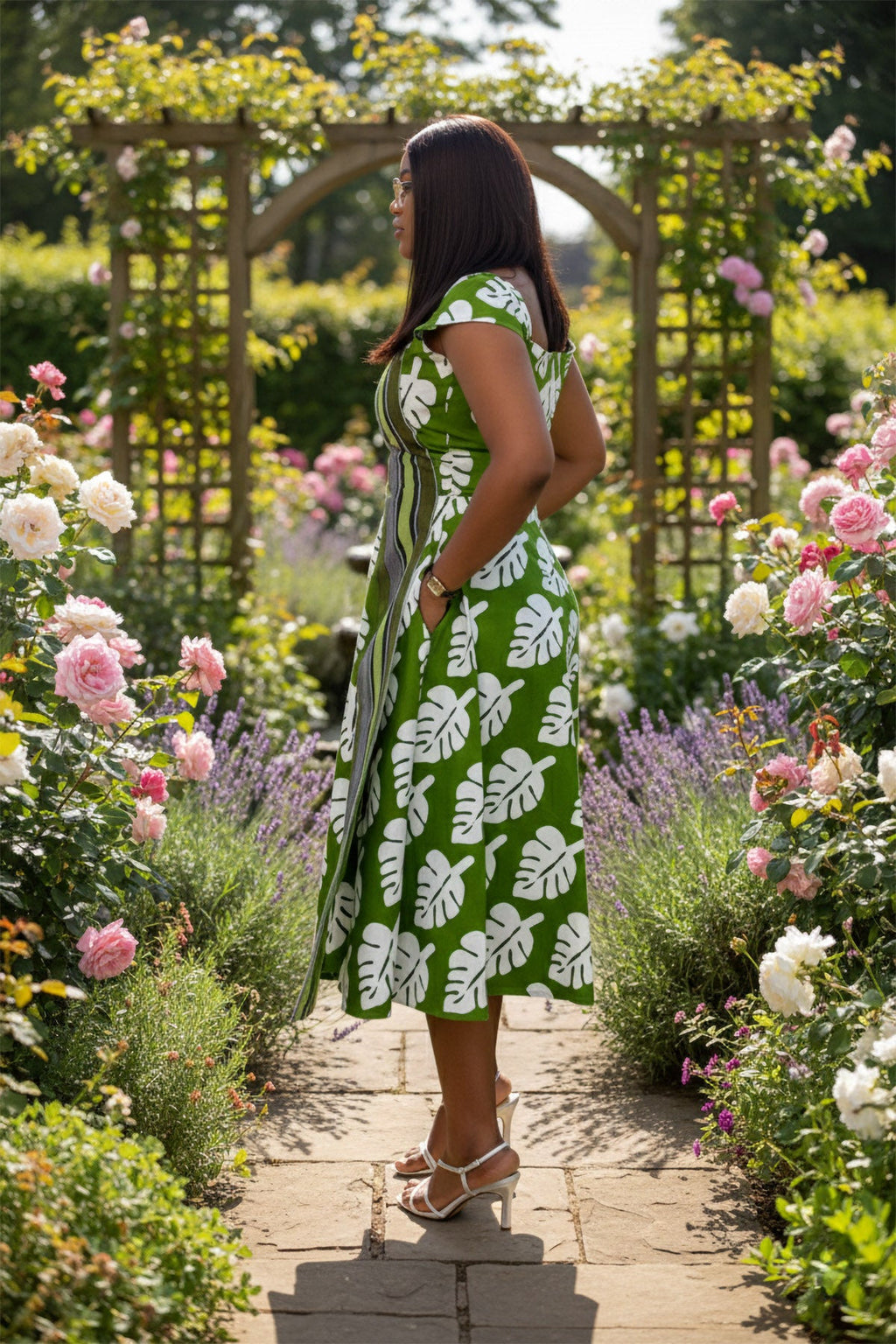 Green Monstera Leaf Midi Dress