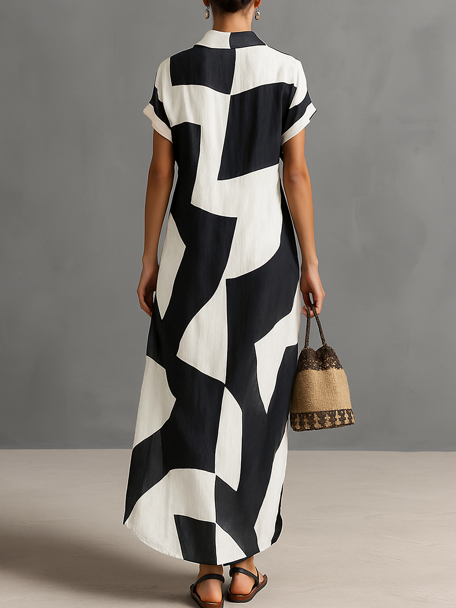 Cotton-Linen Geometric Print Maxi Shirt Dress