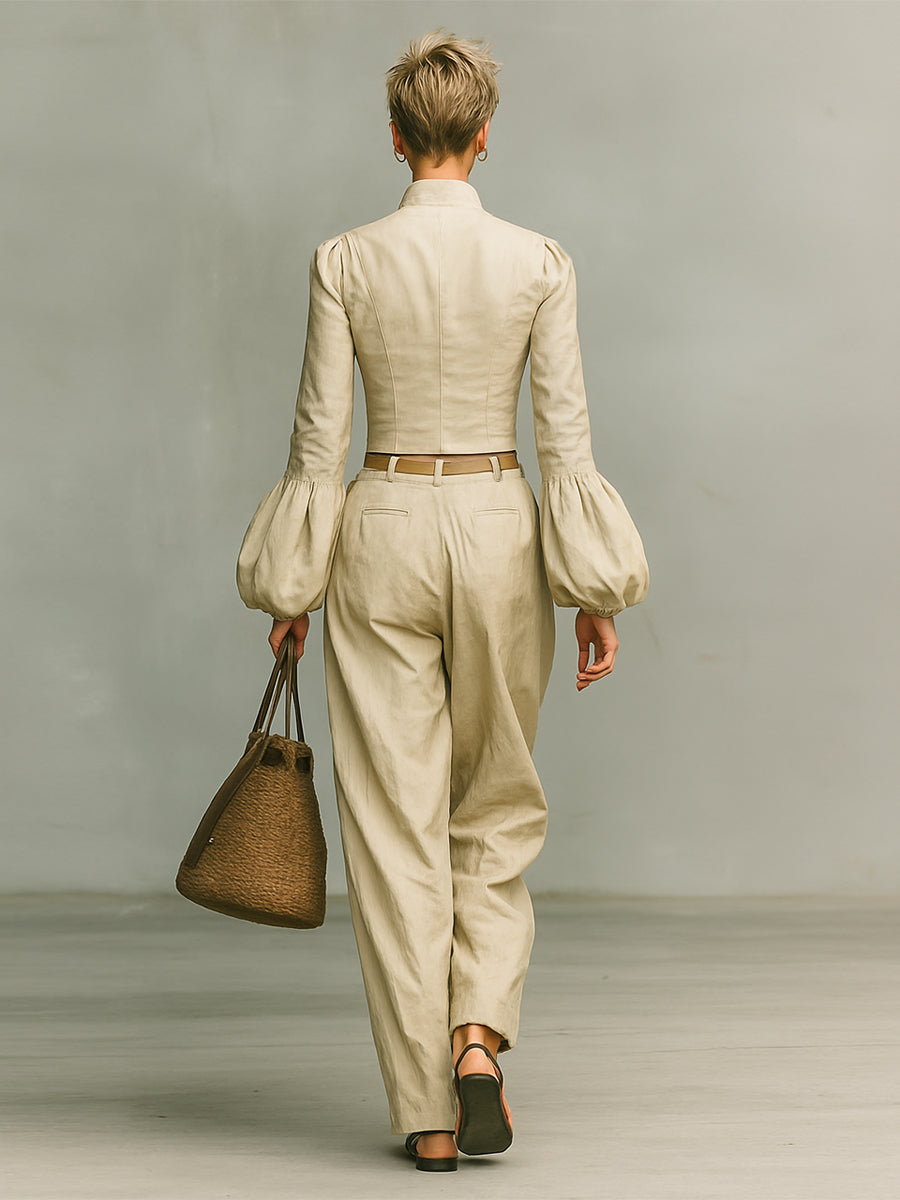 Retro Fabric Collar Shirt Trousers Two-piece Set