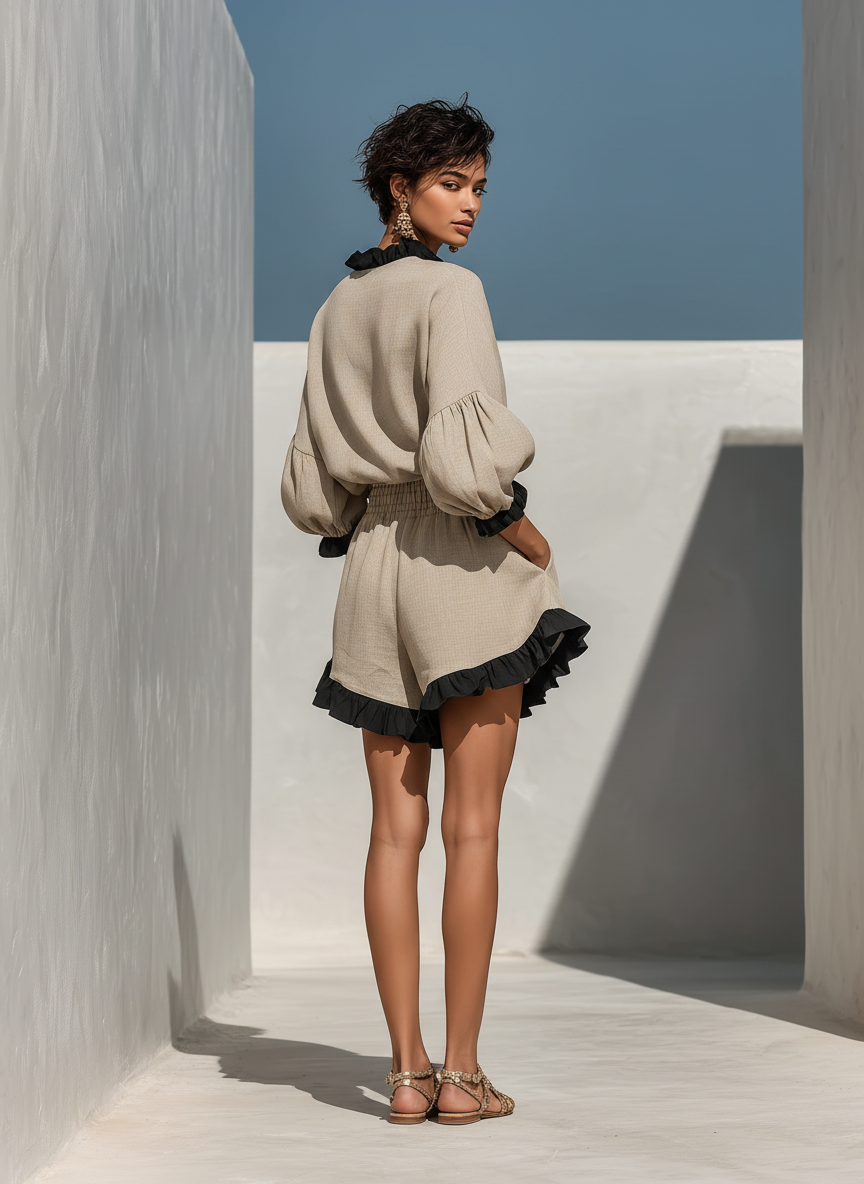 Beige Linen-Blend Ruffle Trim Blouse & Shorts Set