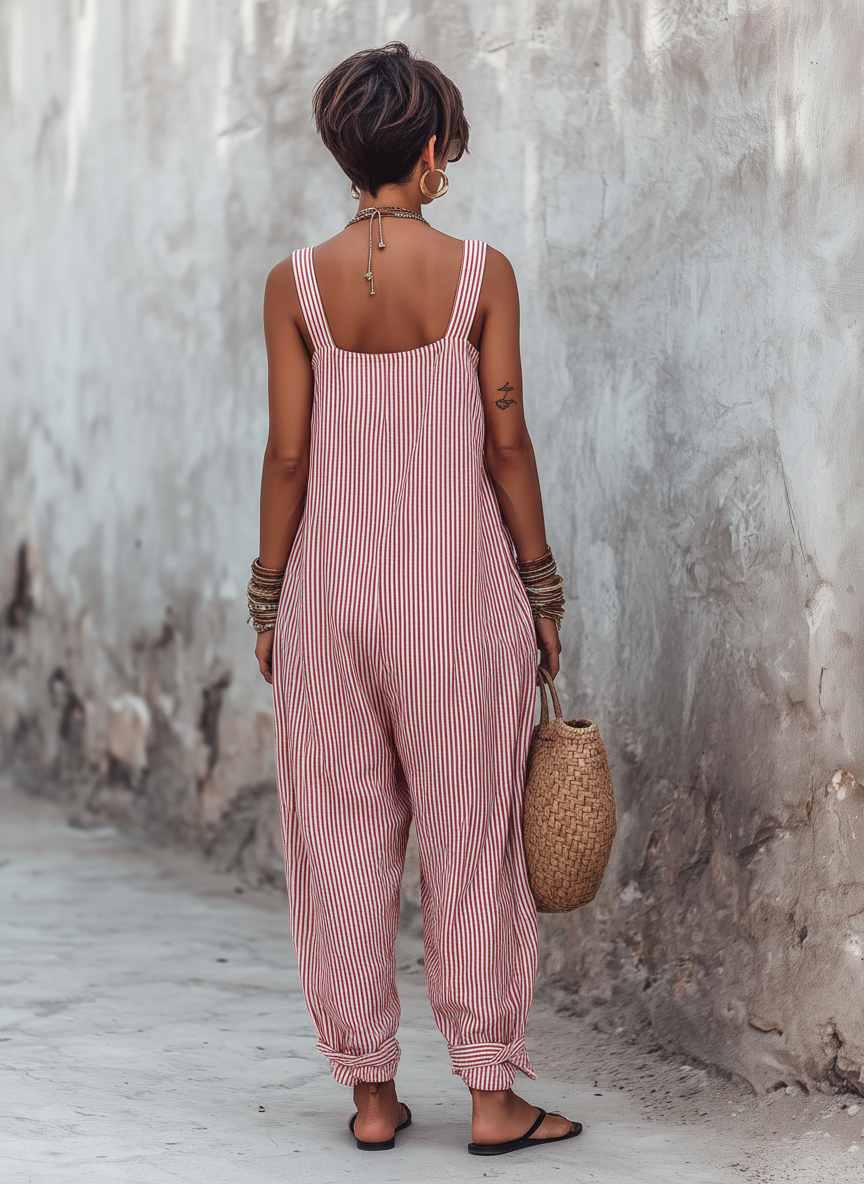 Striped Square Neck Sleeveless Jumpsuit