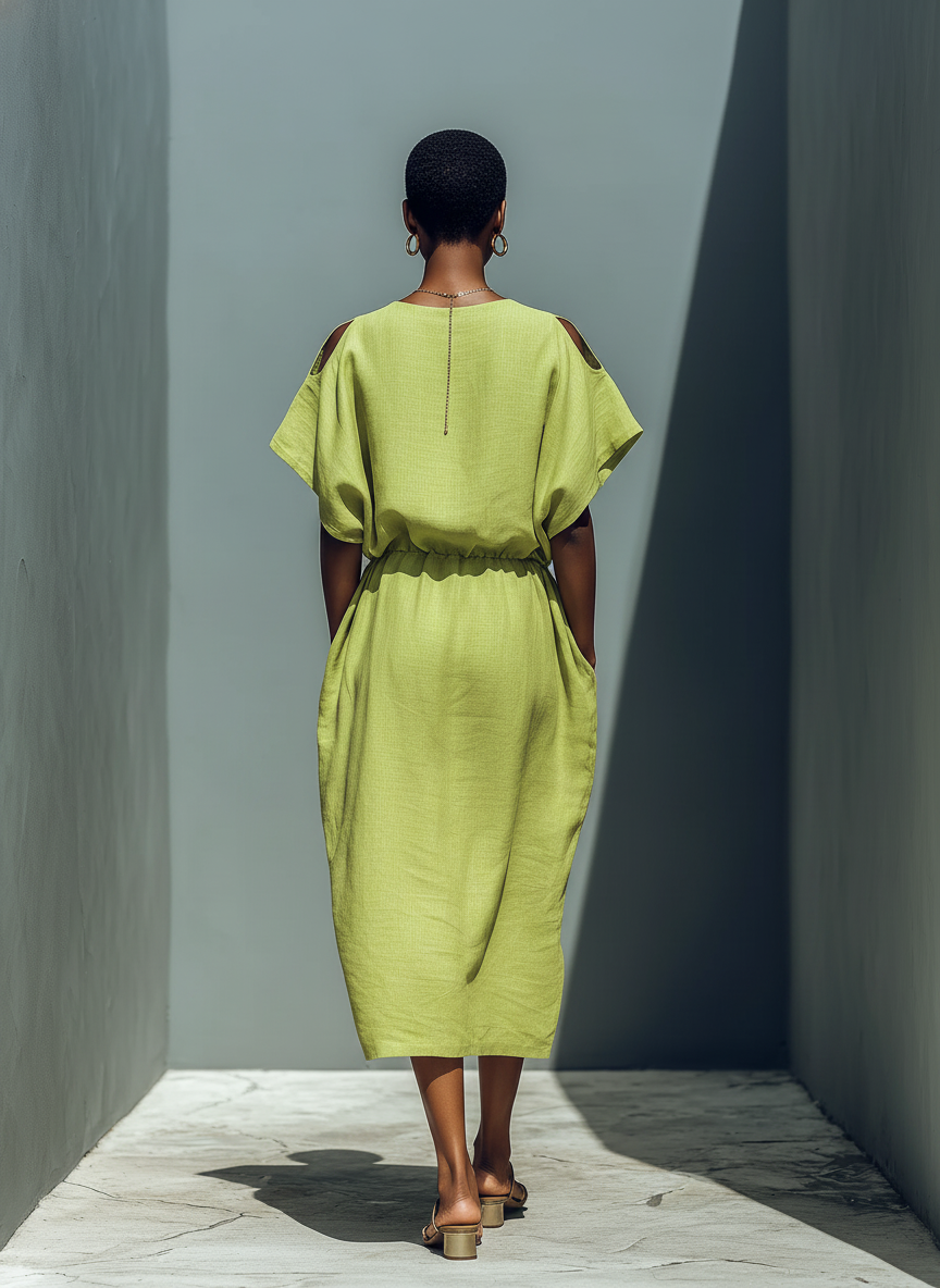 Lime Green Linen-Blend Cold Shoulder Midi Dress