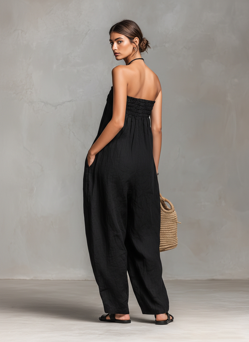 Loose-Fit Linen-Blend Strapless Tie Jumpsuit