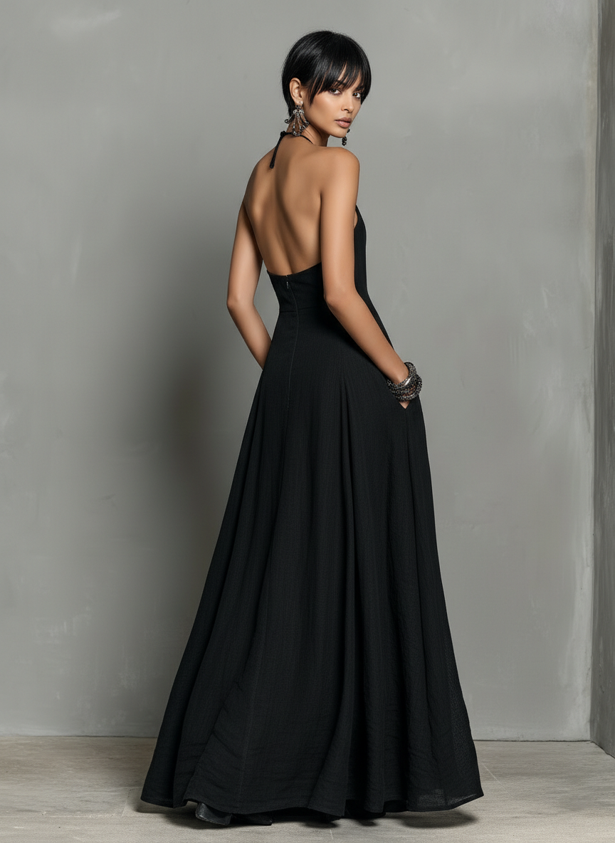Minimalist Linen-Blend Halter Neck Maxi Dress