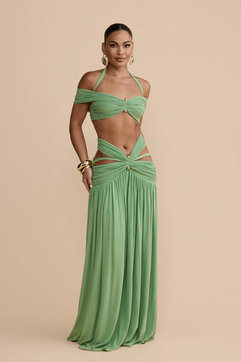 Green Ruched Skirt Set