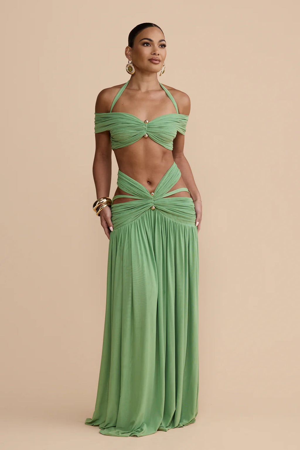 Green Ruched Skirt Set