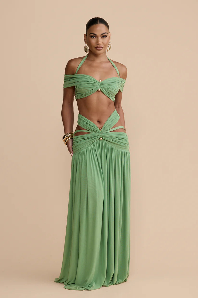 Green Ruched Skirt Set