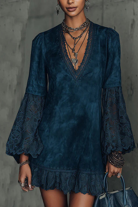 Faux Suede Flared Sleeve Lace Mini Dress
