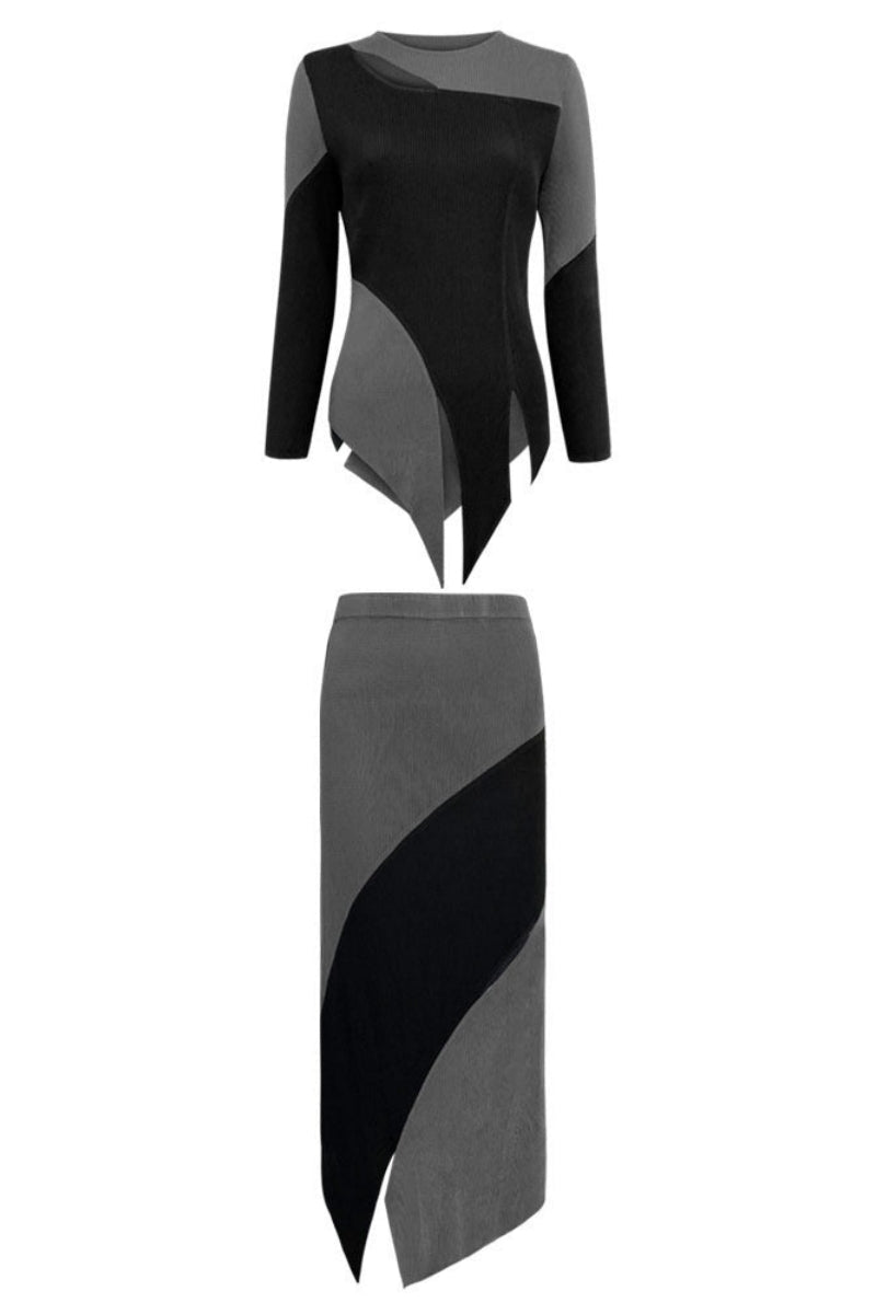 Chic Patchwork Pleated Irregular Skirt Set