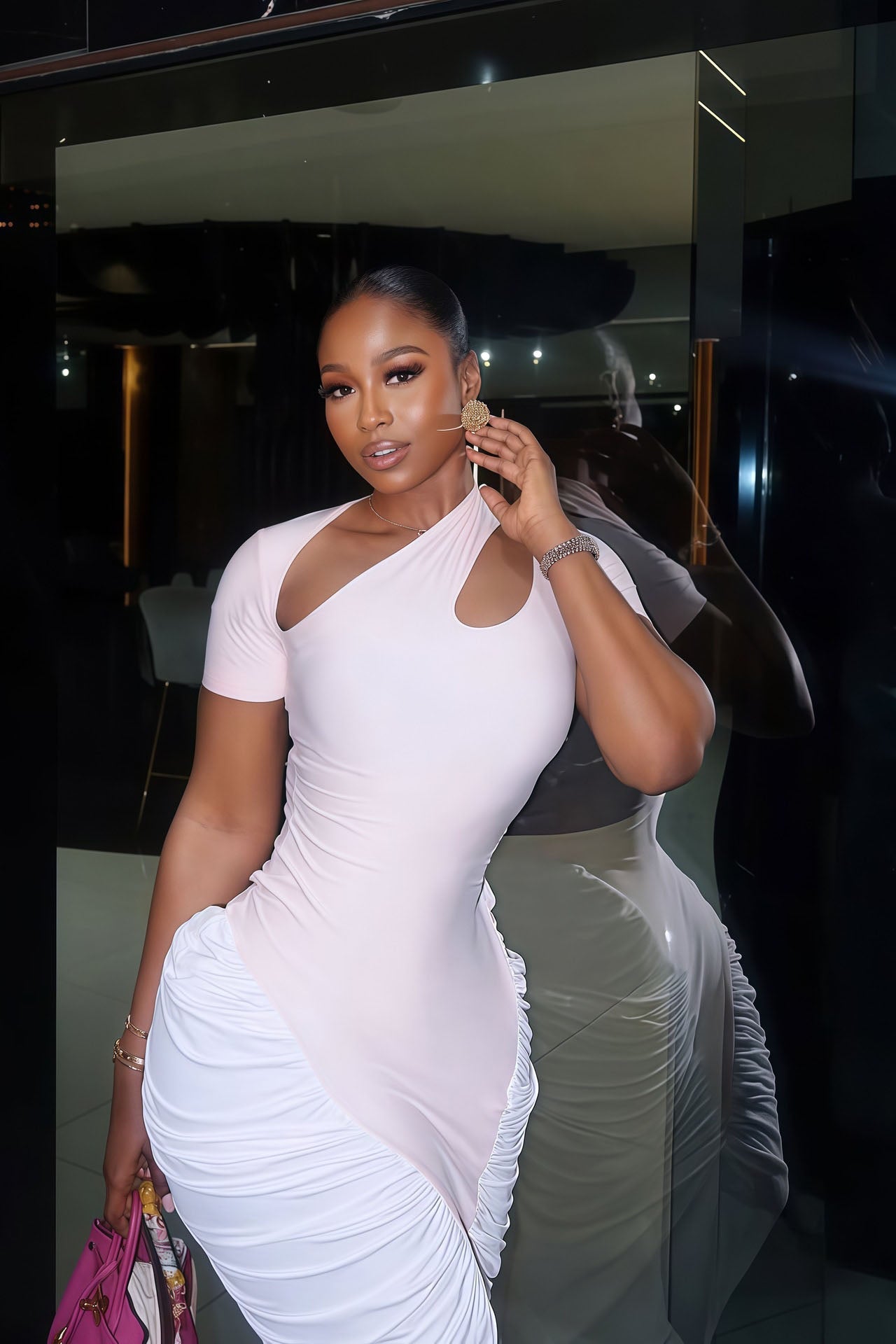Ruched White Cutout Bodycon Maxi Dress