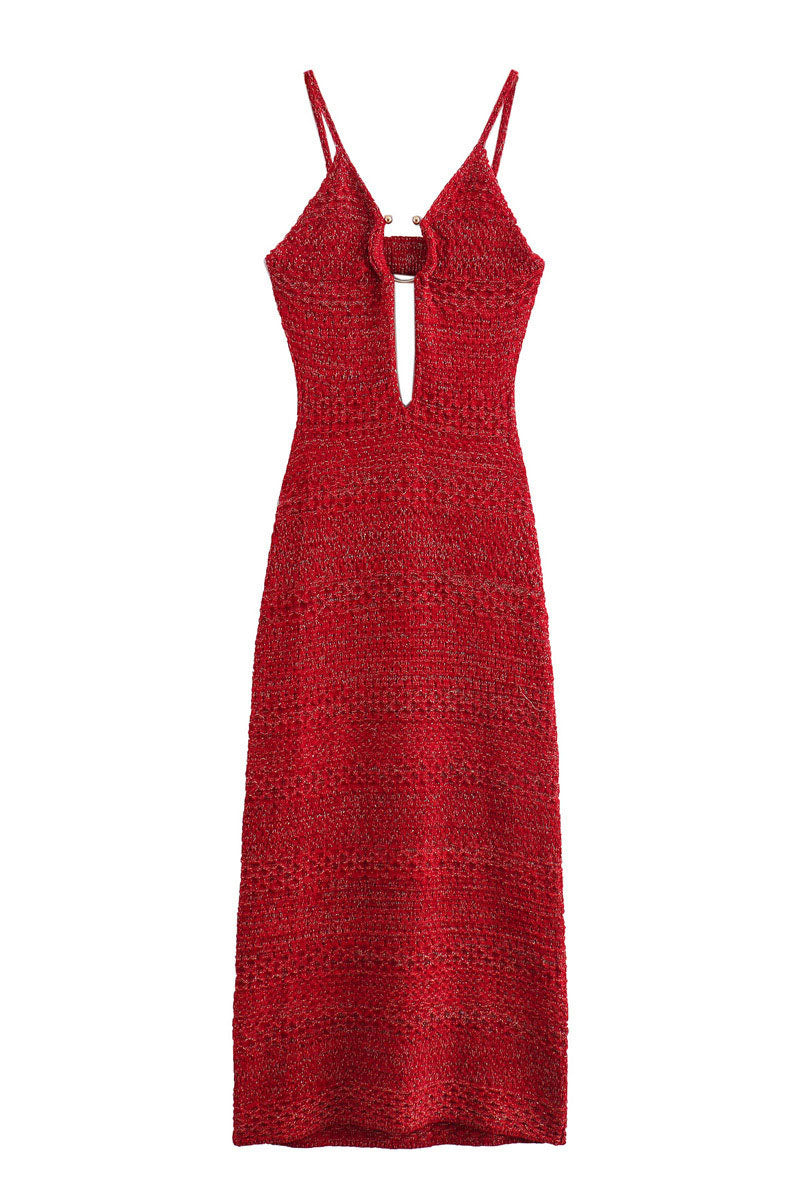 Deep V-neck halter-back knitted suspender dress