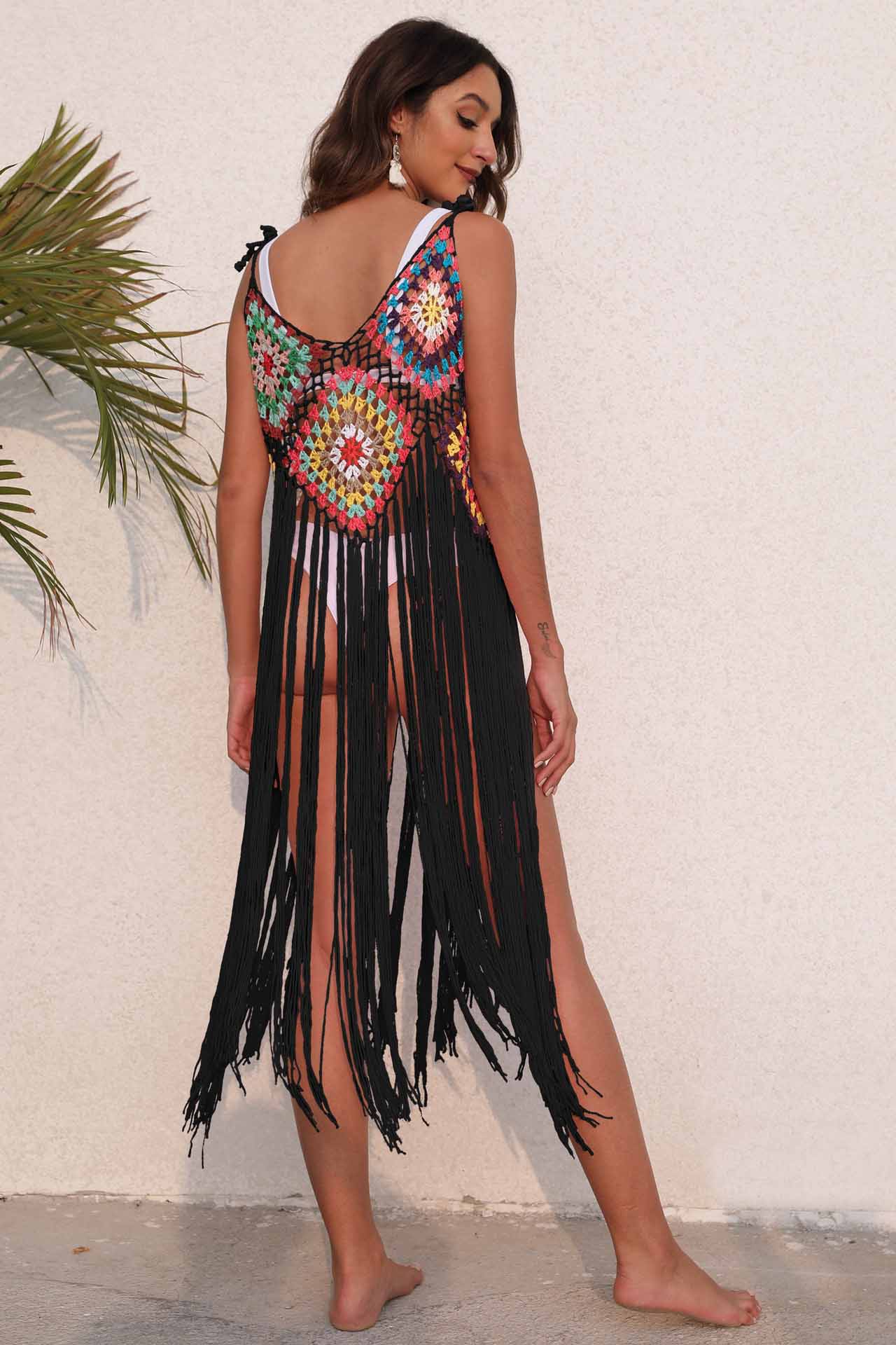 Rainbow Square Fringe Crochet Knit Cami Top