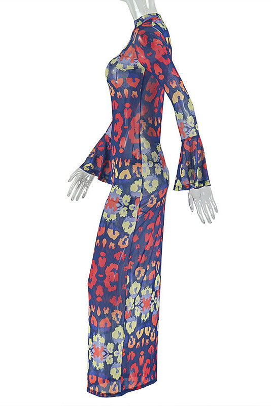 Indigo Retro Blush Art-Pattern Maxi Dress