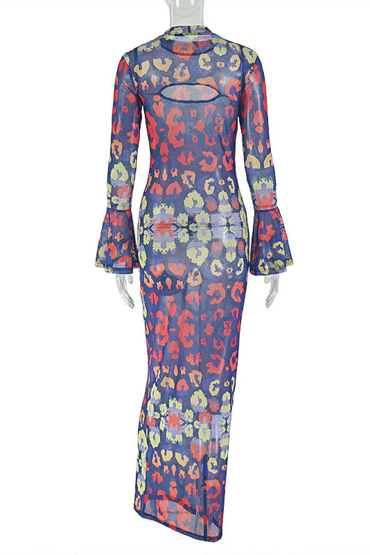 Indigo Retro Blush Art-Pattern Maxi Dress