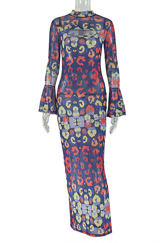 Indigo Retro Blush Art-Pattern Maxi Dress