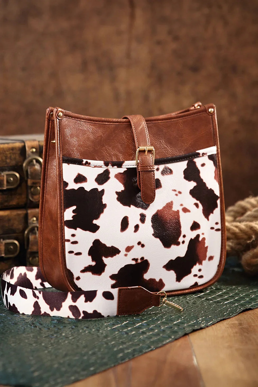 Western Cowboy Brown Cow Print Crossbody Bag