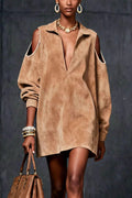 Camel Faux Suede Cold-Shoulder Mini Dress
