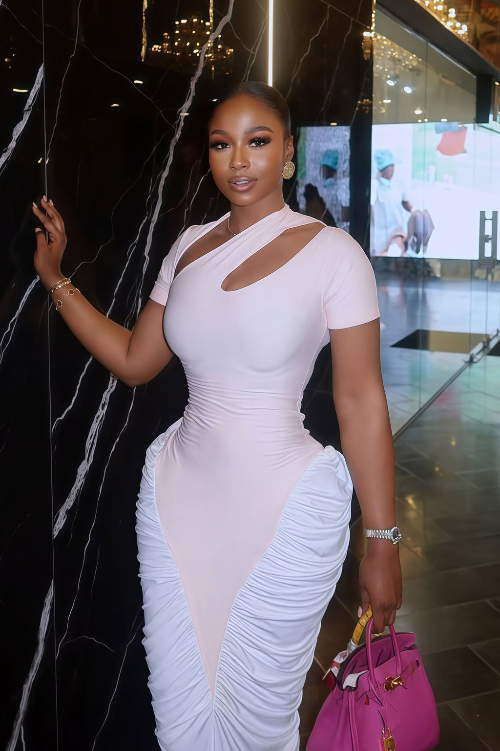 Ruched White Cutout Bodycon Maxi Dress