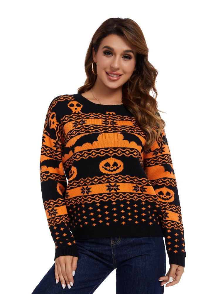 Halloween Pumpkin Pattern Round Knitted Sweater