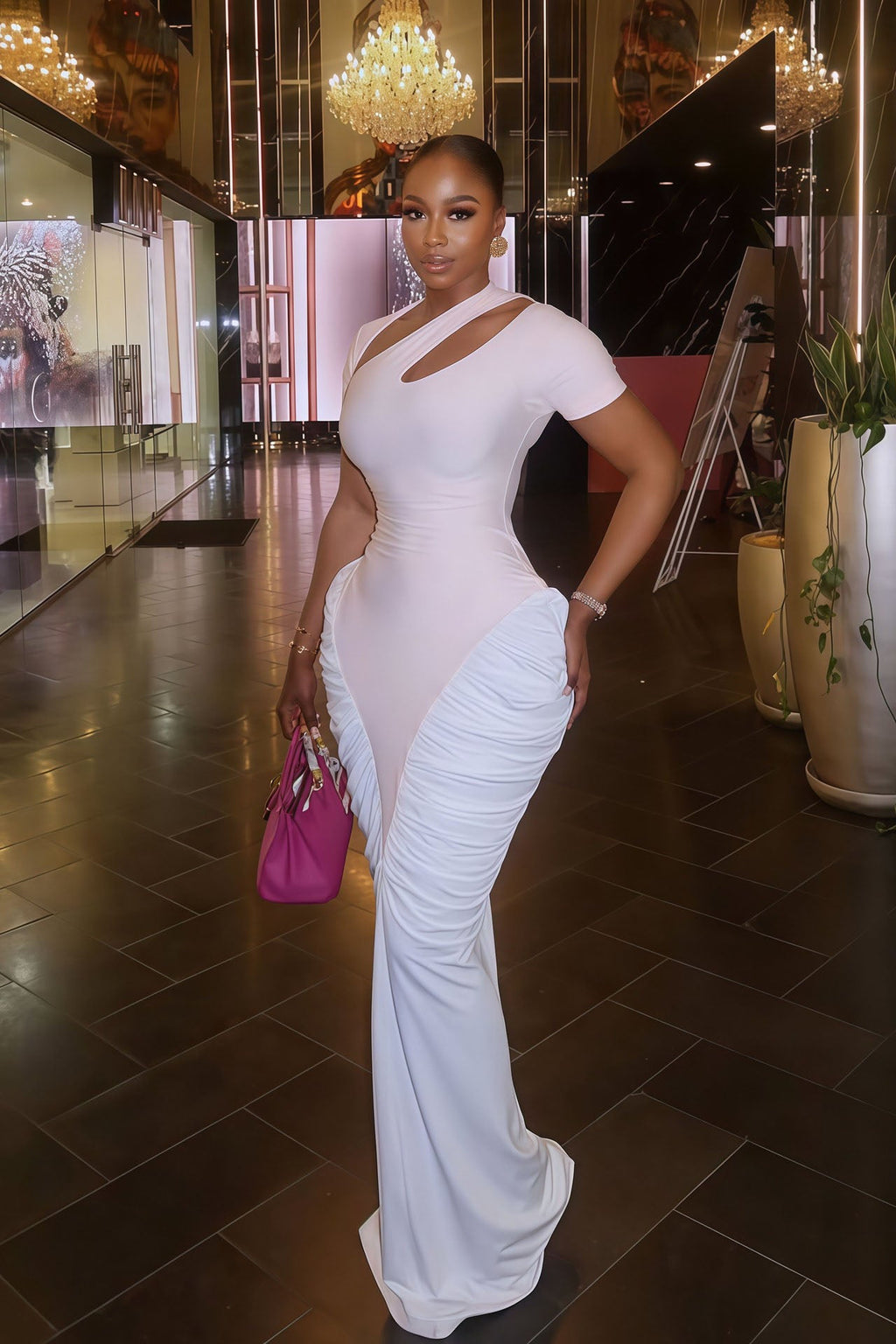 Ruched White Cutout Bodycon Maxi Dress