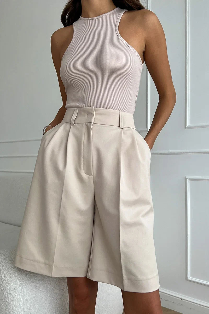 High Waist Pleated Bermuda Shorts