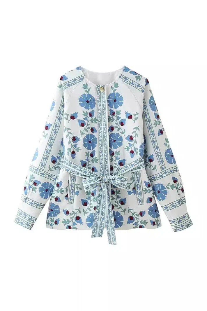 Street Flowers Lace Up Patchwork O Neck Outerwear