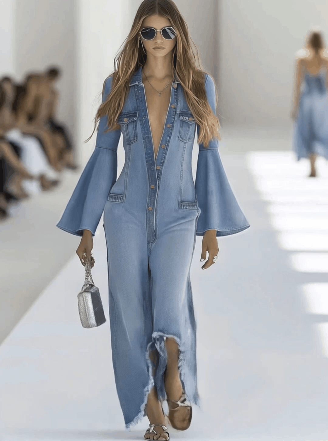 Retro Light Blue Denim Flared Wide-Leg Jumpsuit