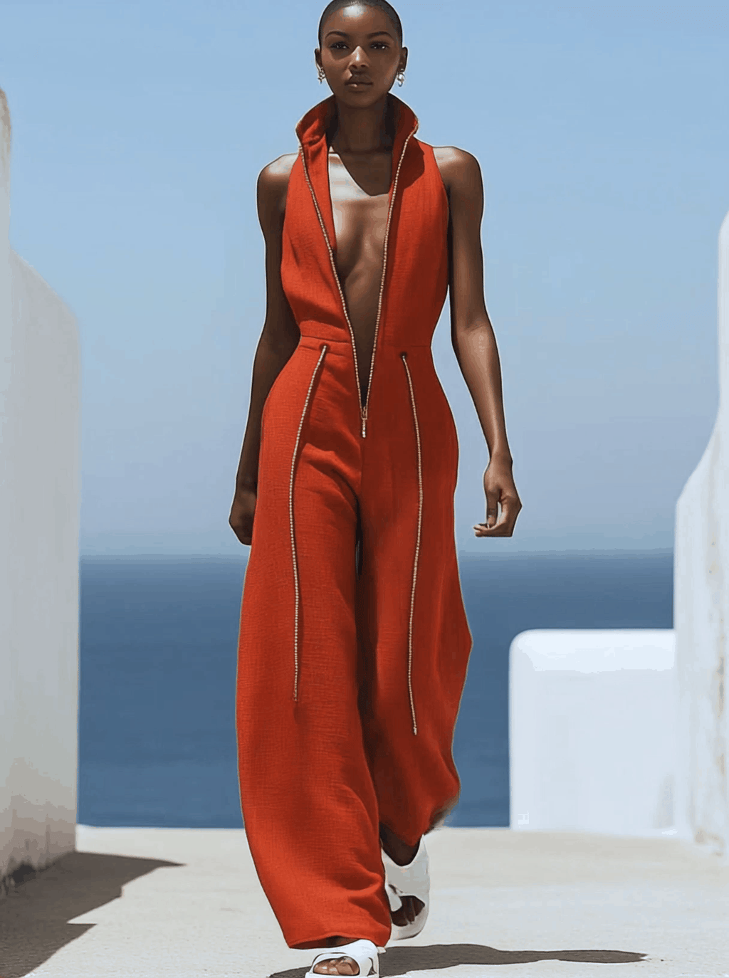 Red Cotton Linen Sleeveless Wide Leg Jumpsuit