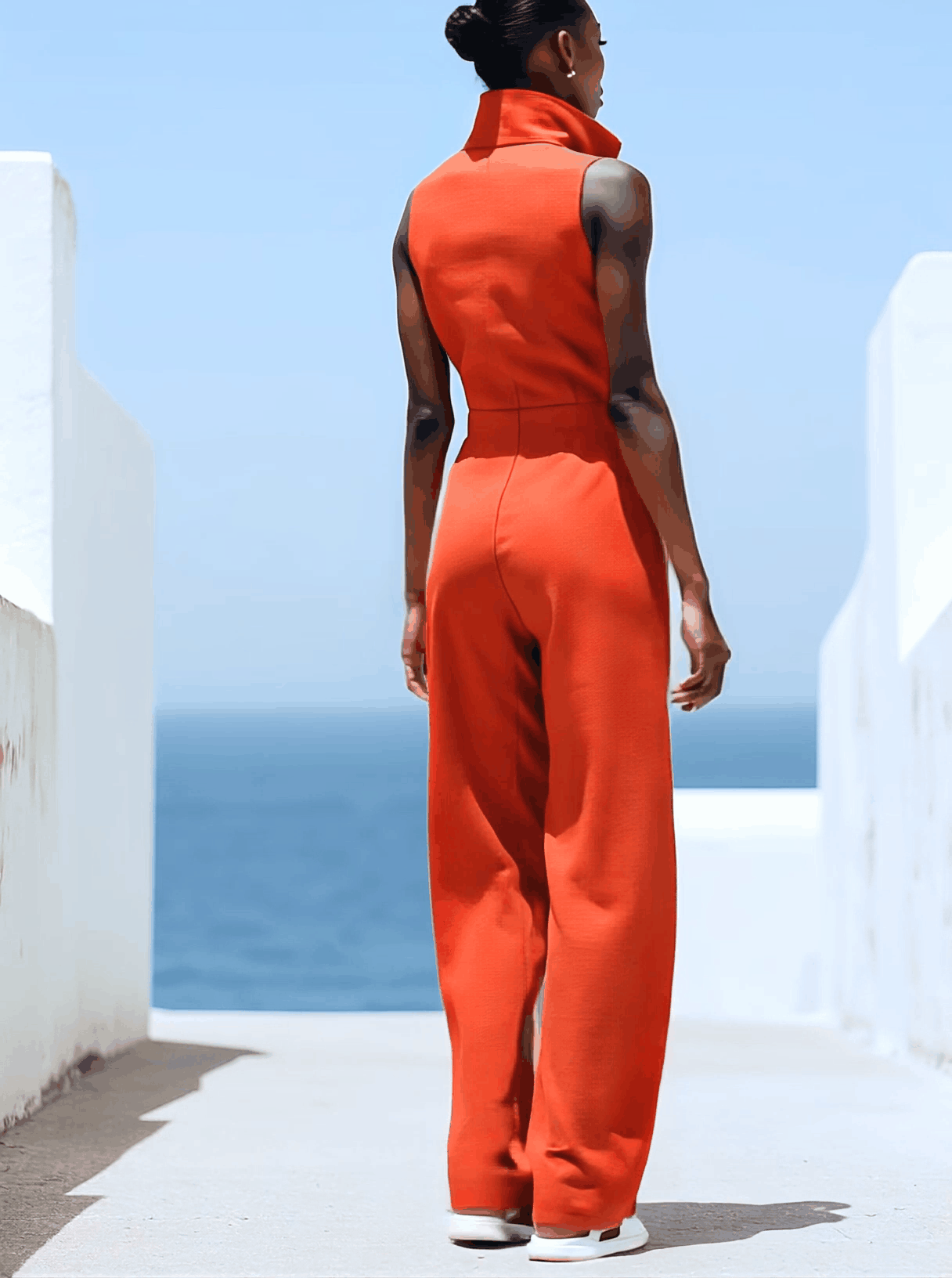 Red Cotton Linen Sleeveless Wide Leg Jumpsuit