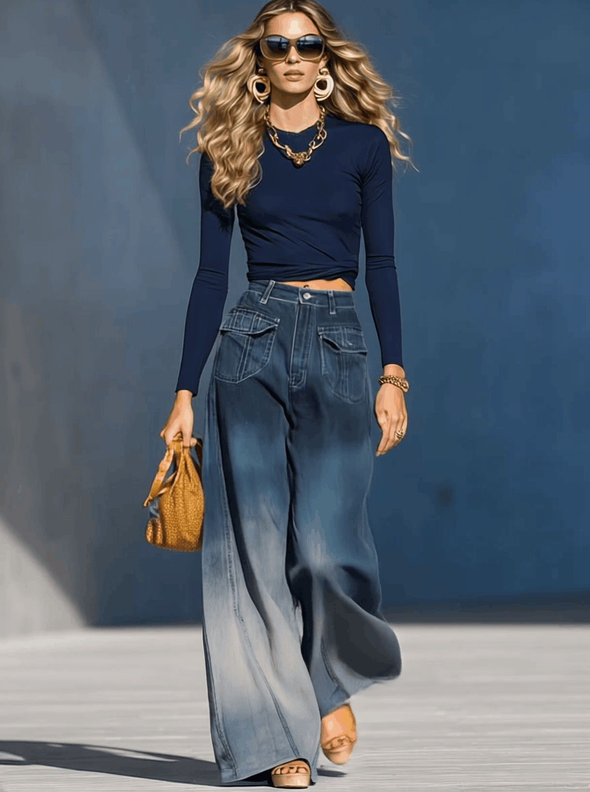 Gradient Washed Denim Blue Gray Loose Pants