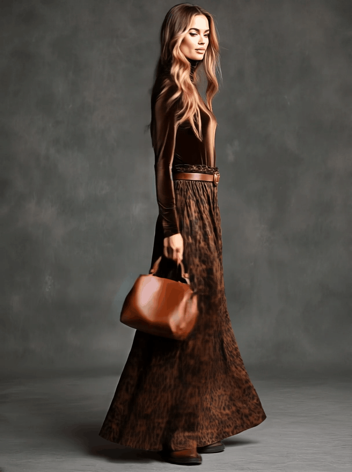 Turtleneck Velvet Top Leopard Print Skirt Set