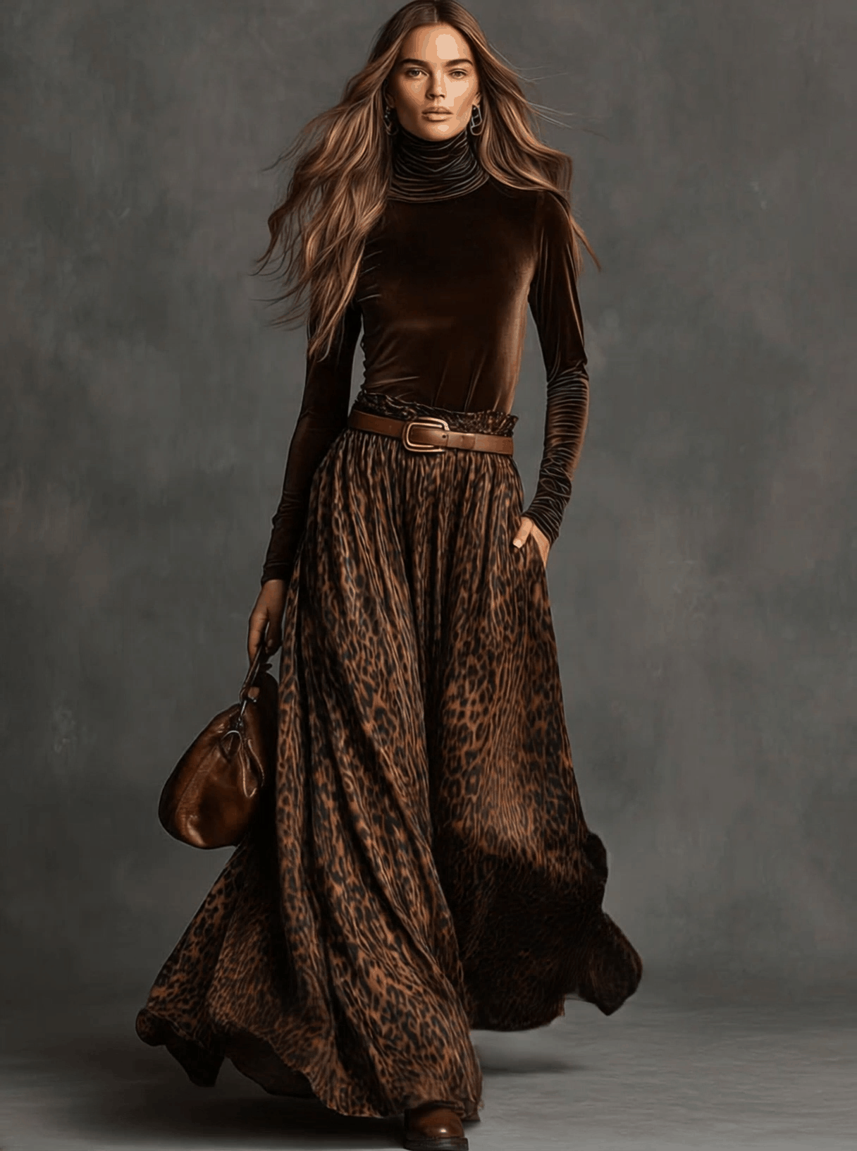Turtleneck Velvet Top Leopard Print Skirt Set
