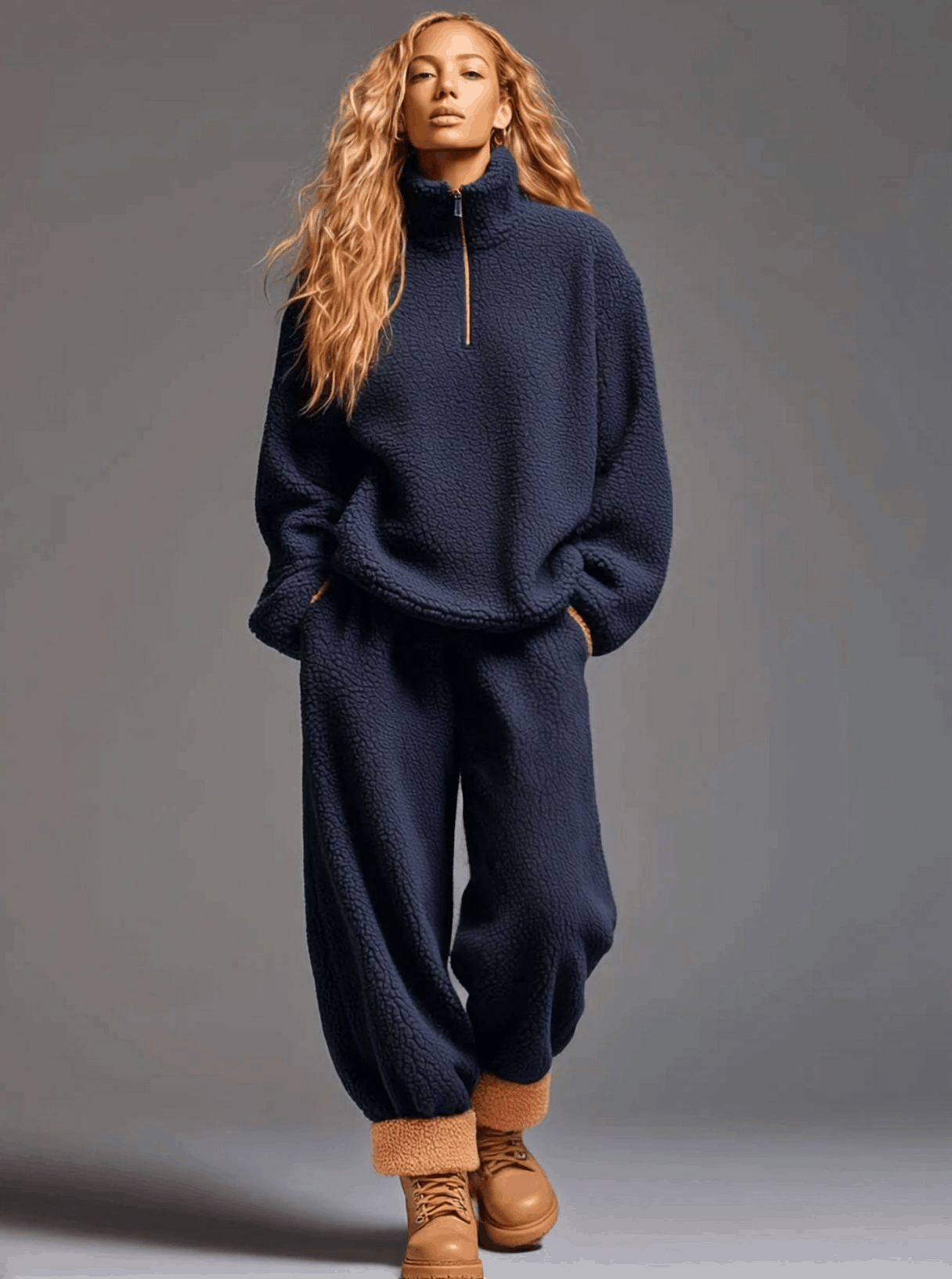 Navy Blue Polar Fleece Half-zip Pants Sports Set