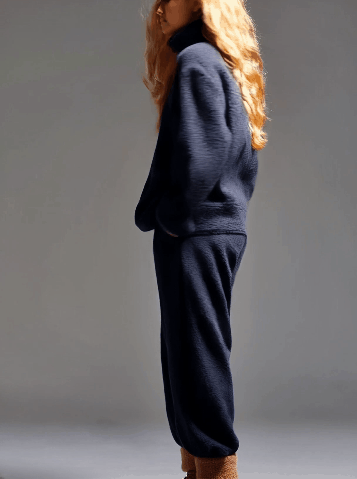Navy Blue Polar Fleece Half-zip Pants Sports Set